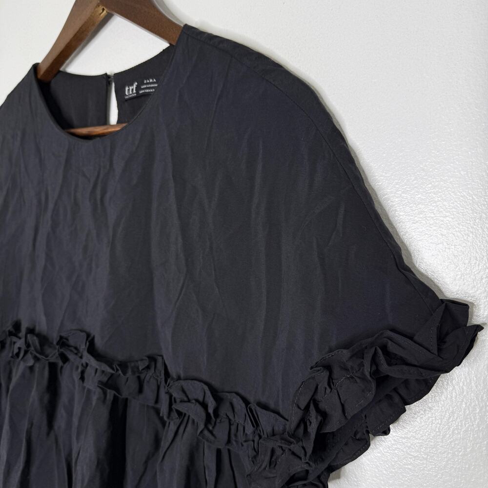 Zara TRF Dress Womens Medium Black Ruffle Babydoll Crinkle Short Sleeve Mini